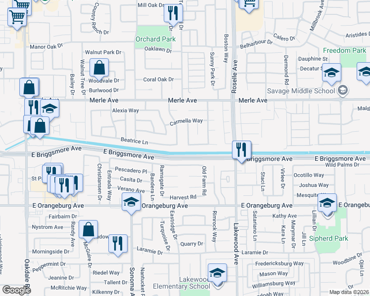 map of restaurants, bars, coffee shops, grocery stores, and more near 2809 Walnut Terrace in Modesto