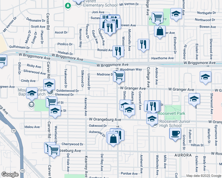 map of restaurants, bars, coffee shops, grocery stores, and more near 1613 Tully Road in Modesto