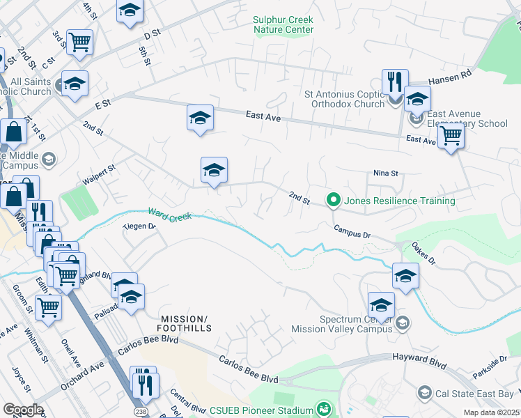map of restaurants, bars, coffee shops, grocery stores, and more near 24739 2nd Street in Hayward