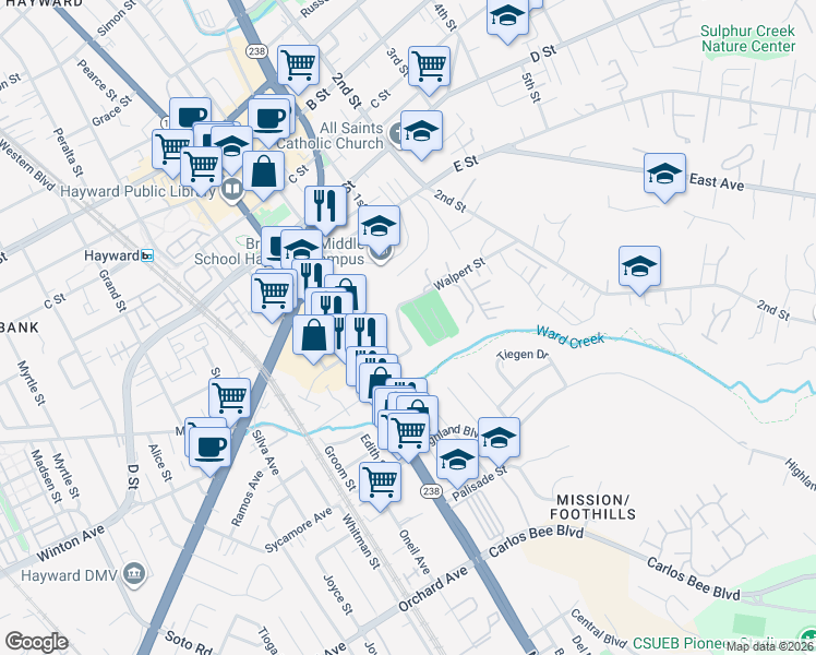 map of restaurants, bars, coffee shops, grocery stores, and more near 1098 Holmes Way in Hayward