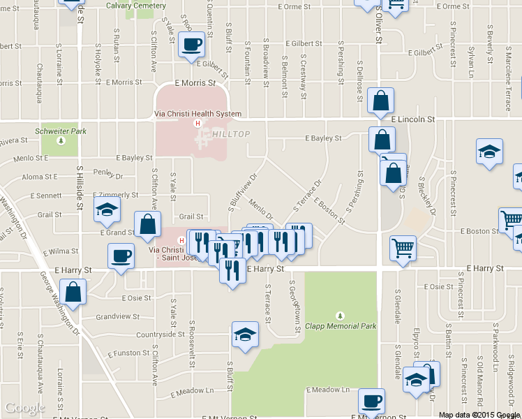 map of restaurants, bars, coffee shops, grocery stores, and more near 4168 Menlo Drive in Wichita