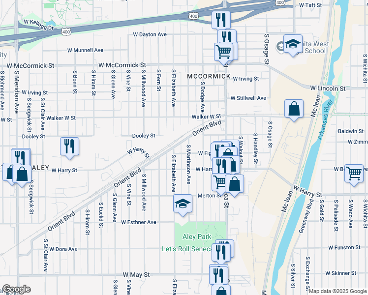 map of restaurants, bars, coffee shops, grocery stores, and more near 1410 South Martinson Street in Wichita