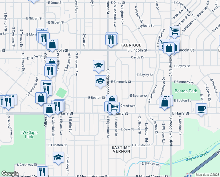 map of restaurants, bars, coffee shops, grocery stores, and more near 1126 South Edgemoor Street in Wichita