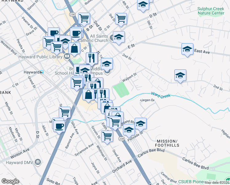 map of restaurants, bars, coffee shops, grocery stores, and more near 1098 Holmes Way in Hayward