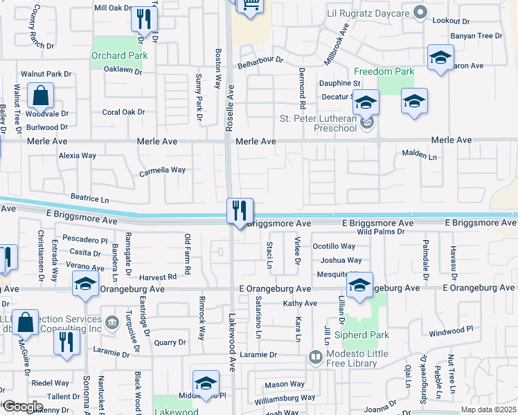map of restaurants, bars, coffee shops, grocery stores, and more near 3025 Ivory Court in Modesto