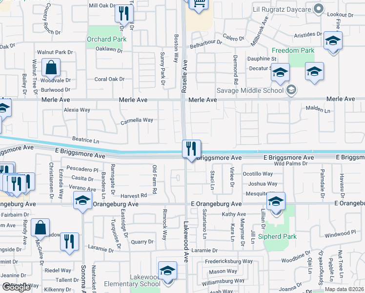 map of restaurants, bars, coffee shops, grocery stores, and more near 1609 Matisse Lane in Modesto