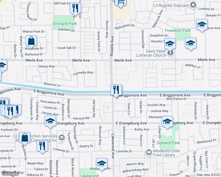 map of restaurants, bars, coffee shops, grocery stores, and more near 2932 Alcott Court in Modesto