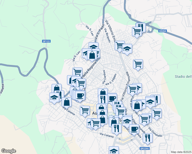 map of restaurants, bars, coffee shops, grocery stores, and more near 19 Via Caronda in Adrano