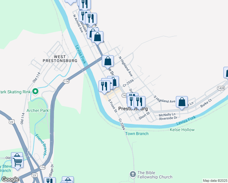 map of restaurants, bars, coffee shops, grocery stores, and more near 1 South Arnold Avenue in Prestonsburg