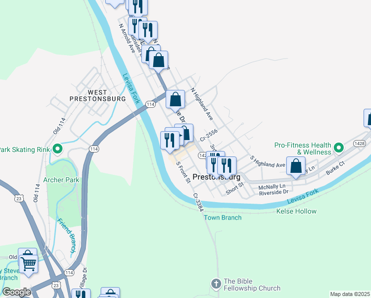 map of restaurants, bars, coffee shops, grocery stores, and more near 1 South Arnold Avenue in Prestonsburg