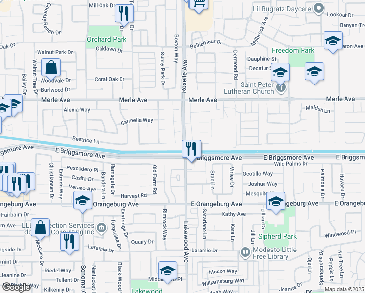 map of restaurants, bars, coffee shops, grocery stores, and more near 2932 Alcott Court in Modesto