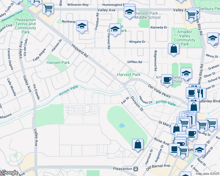 map of restaurants, bars, coffee shops, grocery stores, and more near 5232 Golden Road in Pleasanton