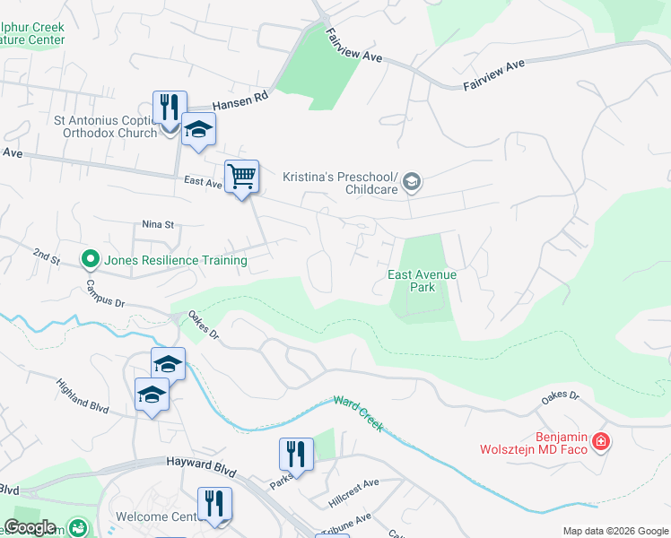 map of restaurants, bars, coffee shops, grocery stores, and more near 25603 Camino Vista in Hayward