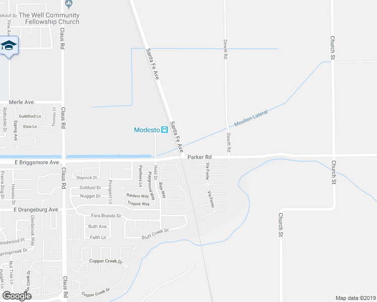 map of restaurants, bars, coffee shops, grocery stores, and more near 4607 Parker Road in Modesto