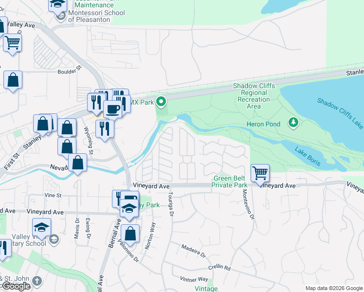 map of restaurants, bars, coffee shops, grocery stores, and more near Vista Grande in Pleasanton