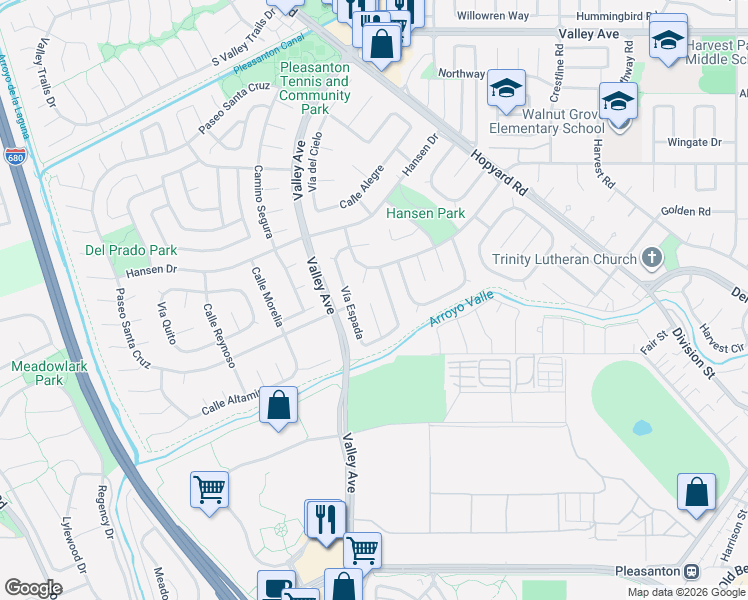 map of restaurants, bars, coffee shops, grocery stores, and more near 2221 Vía Espada in Pleasanton
