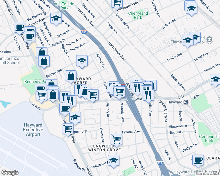map of restaurants, bars, coffee shops, grocery stores, and more near 451 Lupine Way in Hayward
