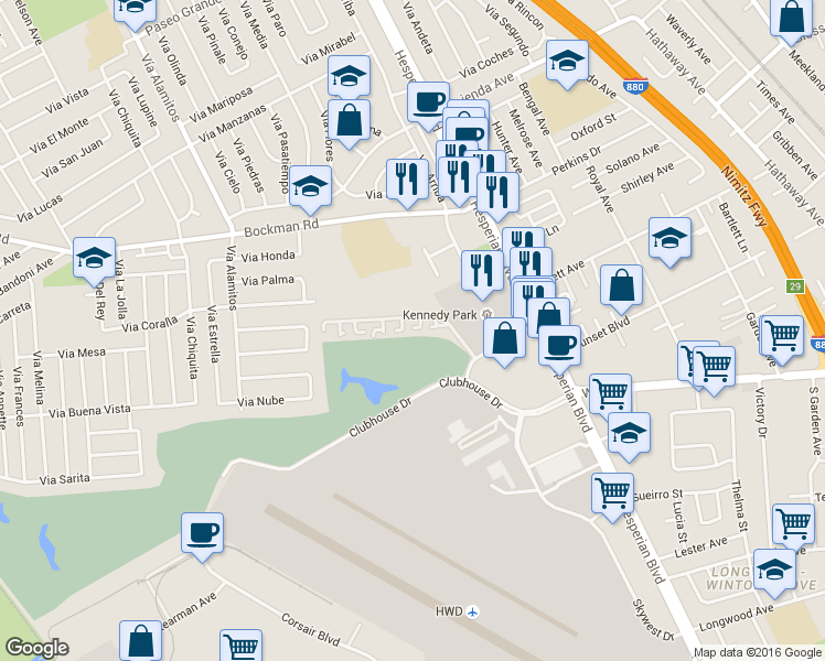 map of restaurants, bars, coffee shops, grocery stores, and more near 18015 Silverado Road in Hayward