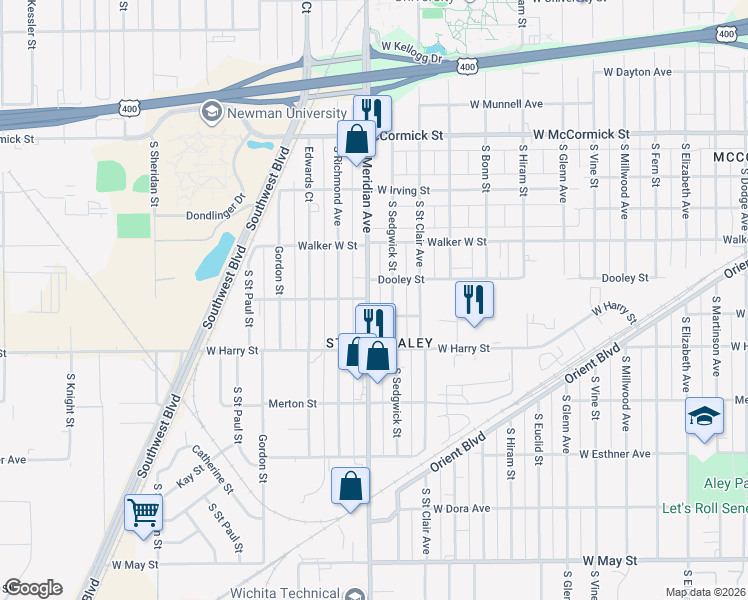 map of restaurants, bars, coffee shops, grocery stores, and more near 1412 South Meridian Avenue in Wichita
