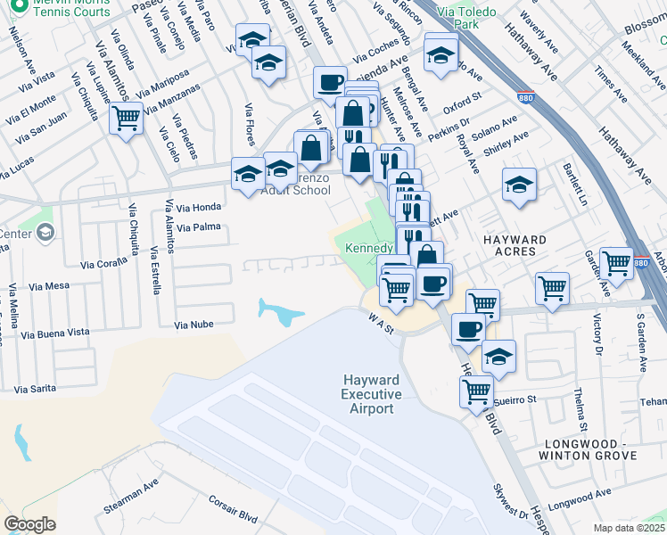 map of restaurants, bars, coffee shops, grocery stores, and more near 970 Castlewood Way in Hayward