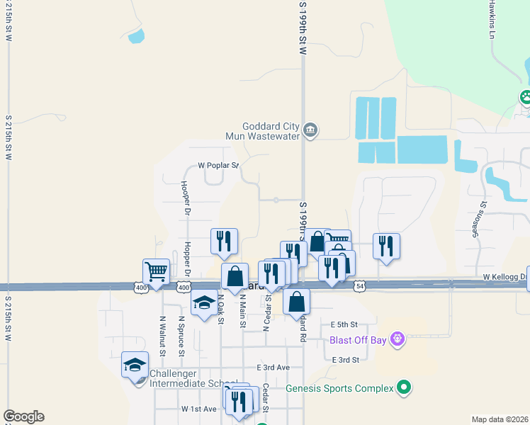 map of restaurants, bars, coffee shops, grocery stores, and more near 1327 South 199th Street West in Goddard