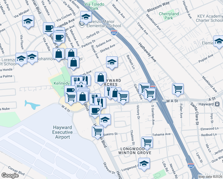 map of restaurants, bars, coffee shops, grocery stores, and more near 722 West Sunset Boulevard in Hayward