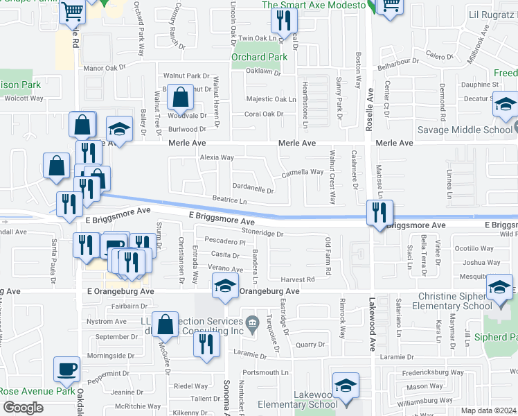 map of restaurants, bars, coffee shops, grocery stores, and more near 2636 Beatrice Lane in Modesto