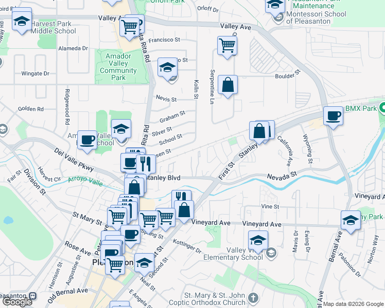 map of restaurants, bars, coffee shops, grocery stores, and more near 297 Del Valle Court in Pleasanton