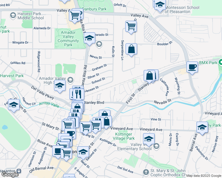 map of restaurants, bars, coffee shops, grocery stores, and more near 297 Del Valle Court in Pleasanton