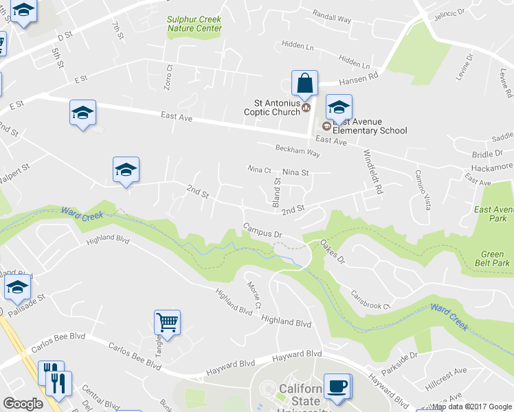 map of restaurants, bars, coffee shops, grocery stores, and more near 24930 2nd Street in Hayward