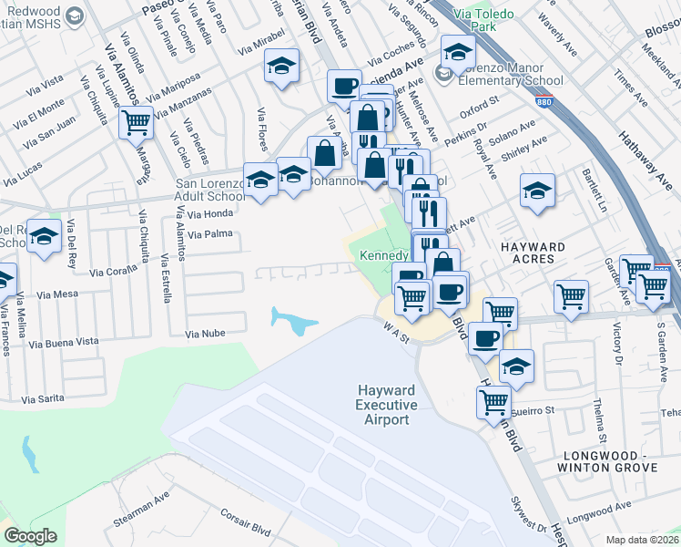 map of restaurants, bars, coffee shops, grocery stores, and more near 18028 Silverado Road in Hayward