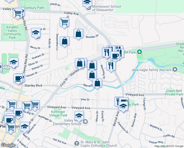 map of restaurants, bars, coffee shops, grocery stores, and more near 7 California Avenue in Pleasanton