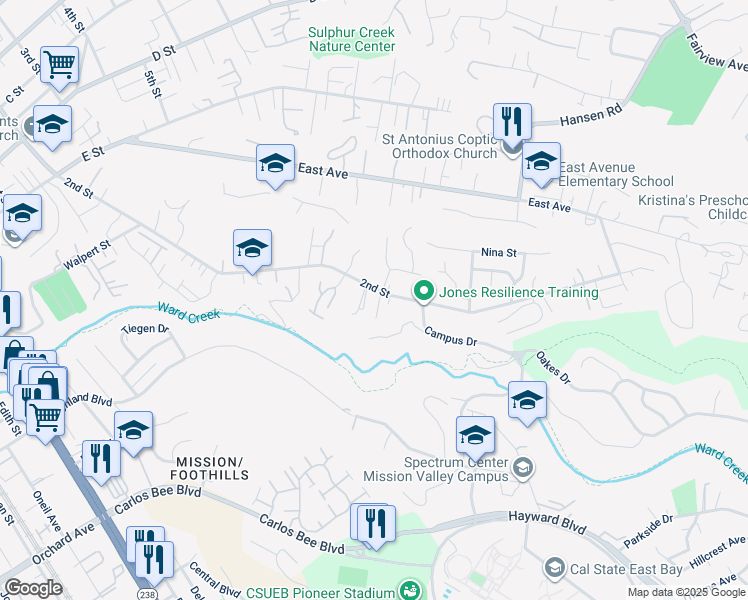 map of restaurants, bars, coffee shops, grocery stores, and more near 24813 Canyon View Court in Hayward