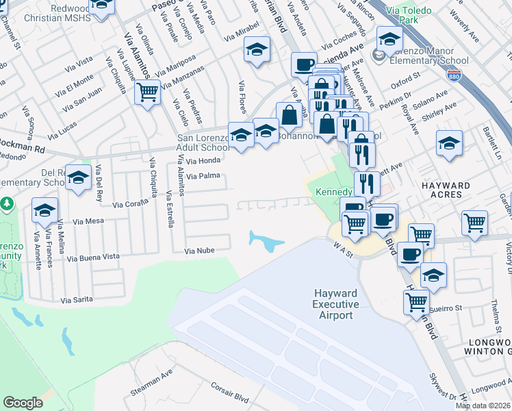 map of restaurants, bars, coffee shops, grocery stores, and more near 17999 Firestone Road in Hayward