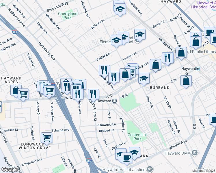 map of restaurants, bars, coffee shops, grocery stores, and more near 22430 Meekland Avenue in Hayward