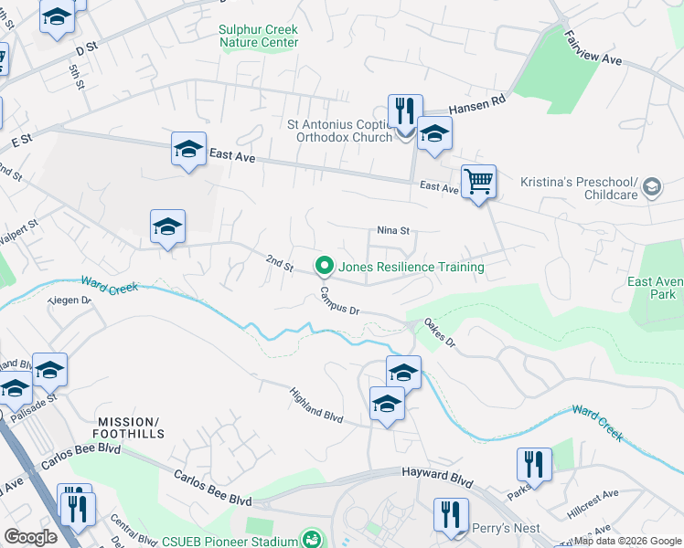 map of restaurants, bars, coffee shops, grocery stores, and more near 24930 2nd Street in Hayward