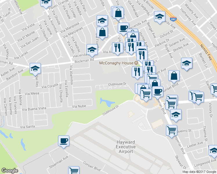 map of restaurants, bars, coffee shops, grocery stores, and more near 18003 Incline Place in Hayward