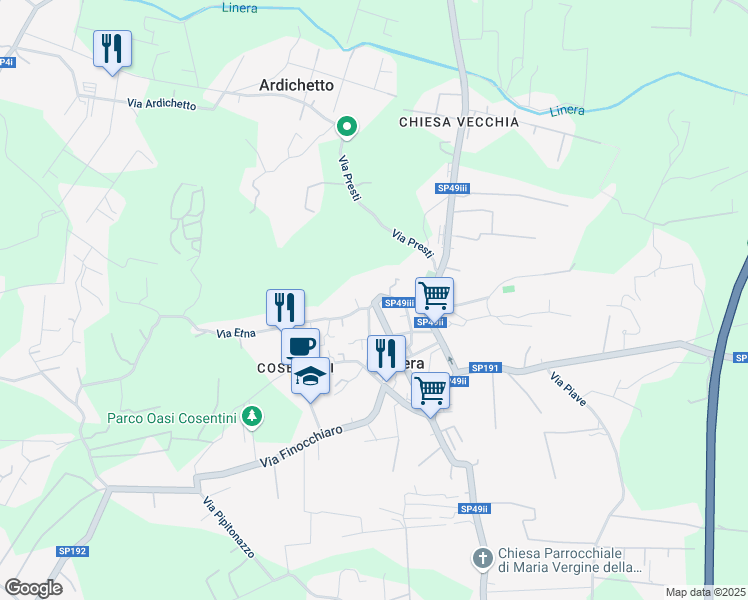 map of restaurants, bars, coffee shops, grocery stores, and more near 54 Via Cosentini in Linera