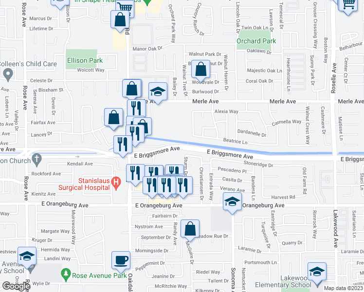 map of restaurants, bars, coffee shops, grocery stores, and more near East Briggsmore Avenue in Modesto
