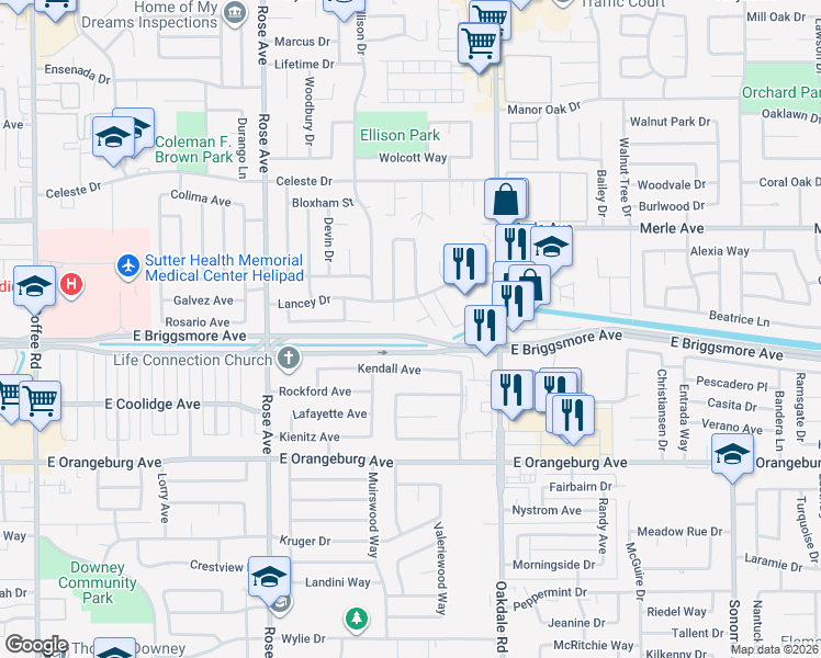 map of restaurants, bars, coffee shops, grocery stores, and more near 1608 Eastwick Court in Modesto