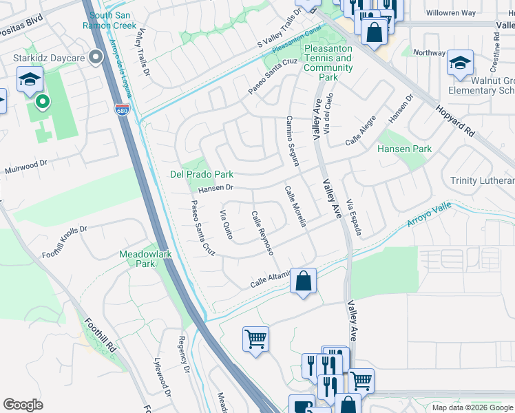 map of restaurants, bars, coffee shops, grocery stores, and more near 2891 Calle Reynoso in Pleasanton