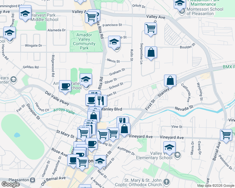 map of restaurants, bars, coffee shops, grocery stores, and more near 4141 Jensen Street in Pleasanton