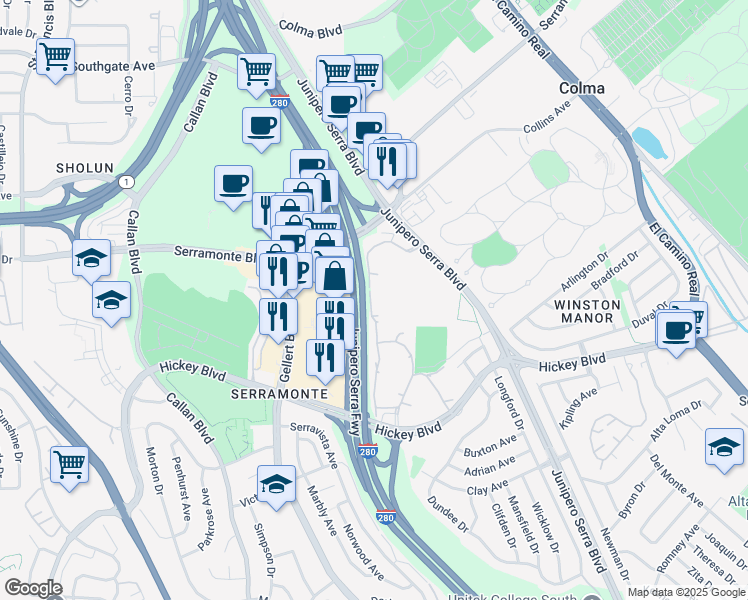 map of restaurants, bars, coffee shops, grocery stores, and more near 355 Half Moon Lane in Daly City