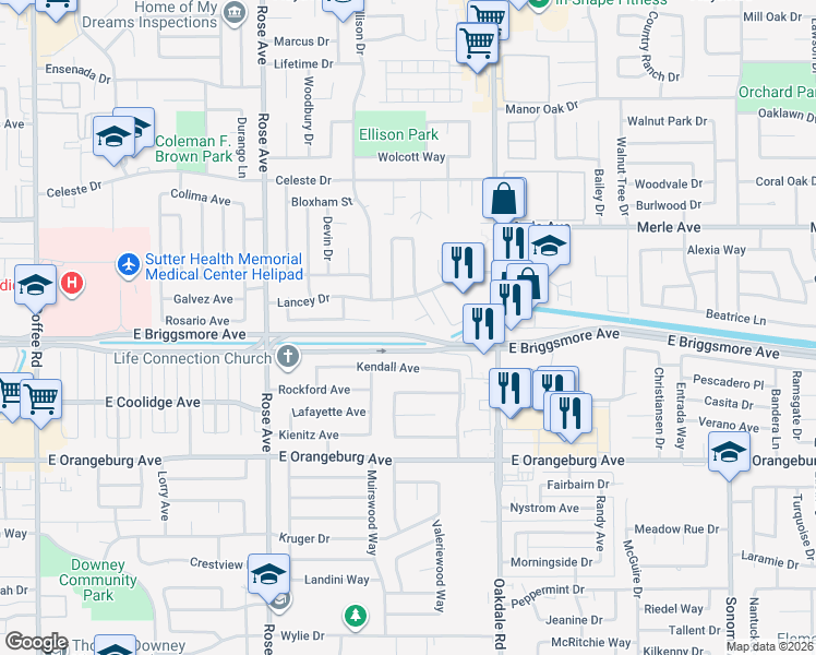 map of restaurants, bars, coffee shops, grocery stores, and more near 2012 Burlton Court in Modesto