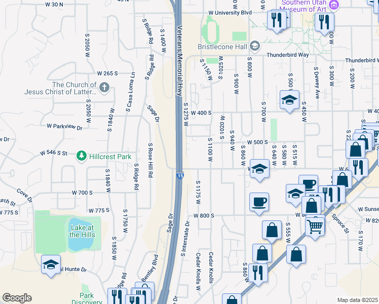 map of restaurants, bars, coffee shops, grocery stores, and more near 501 South 1275 West in Cedar City