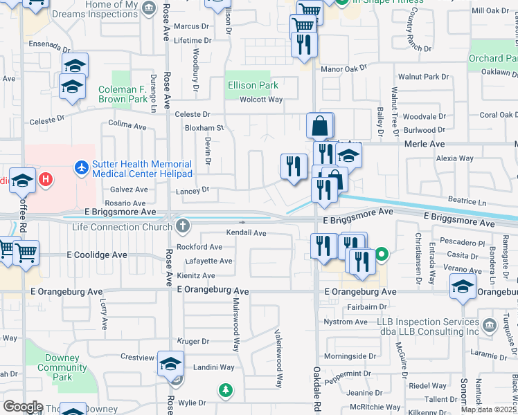 map of restaurants, bars, coffee shops, grocery stores, and more near 1608 Eastwick Court in Modesto