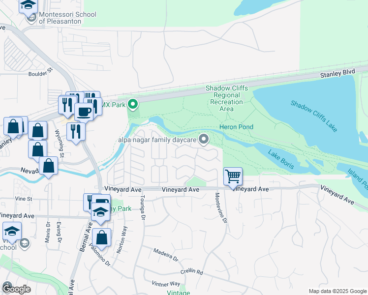 map of restaurants, bars, coffee shops, grocery stores, and more near 3007 Badger Drive in Pleasanton