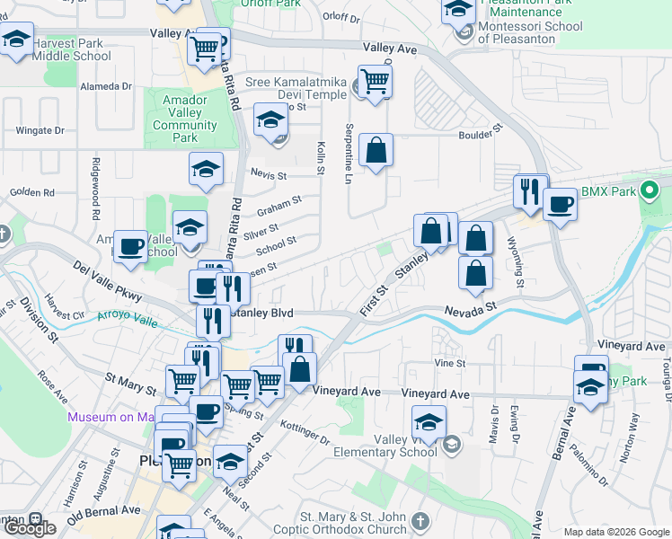 map of restaurants, bars, coffee shops, grocery stores, and more near 313 Trenton Circle in Pleasanton