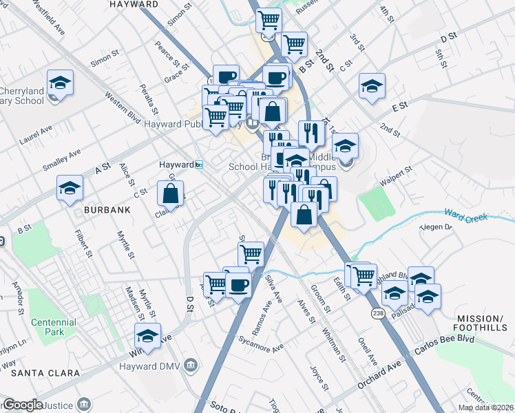 map of restaurants, bars, coffee shops, grocery stores, and more near 652 Paseo Place in Hayward