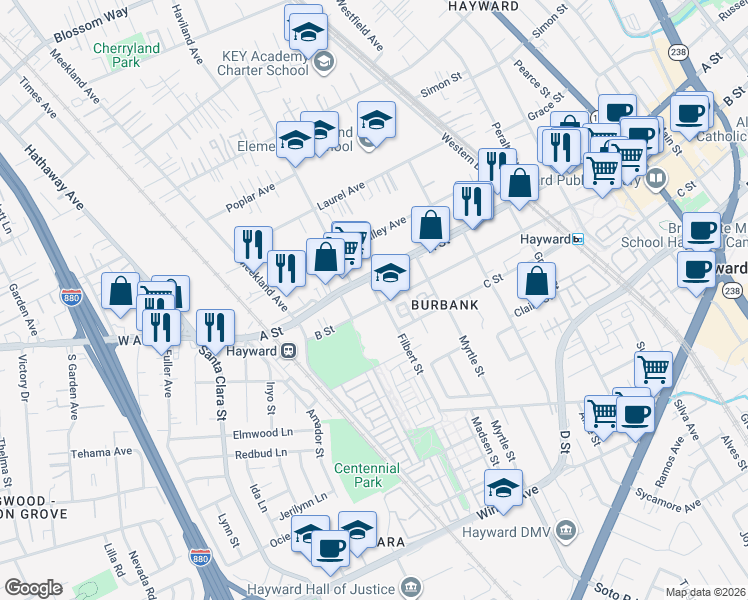 map of restaurants, bars, coffee shops, grocery stores, and more near 22518 Filbert Street in Hayward
